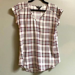 Express V-Neck Top, Burgundy and White Plaid